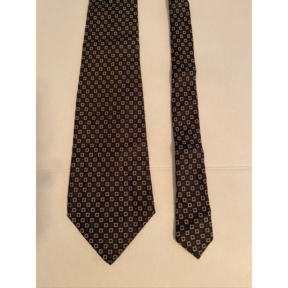 Polo Ralph Lauren Mens Silk Necktie Brown Tan Geometric Square Pattern Hand Made